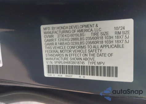 2025 Honda Odyssey Exl из США, поврежденный, VIN 5FNRL6H68SB018745